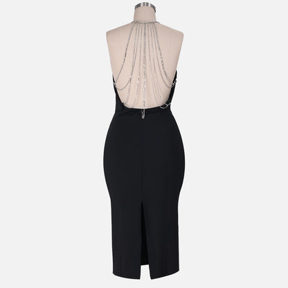 Black Rhinestone Backless Bodycon Dress