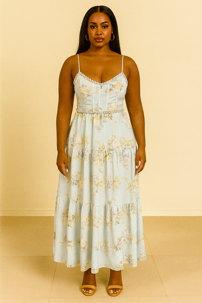 Sling Temperament Printed Pearl Waist-Slimming Long Dress