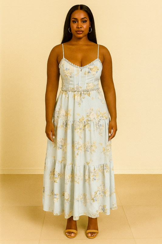 Sling Temperament Printed Pearl Waist-Slimming Long Dress