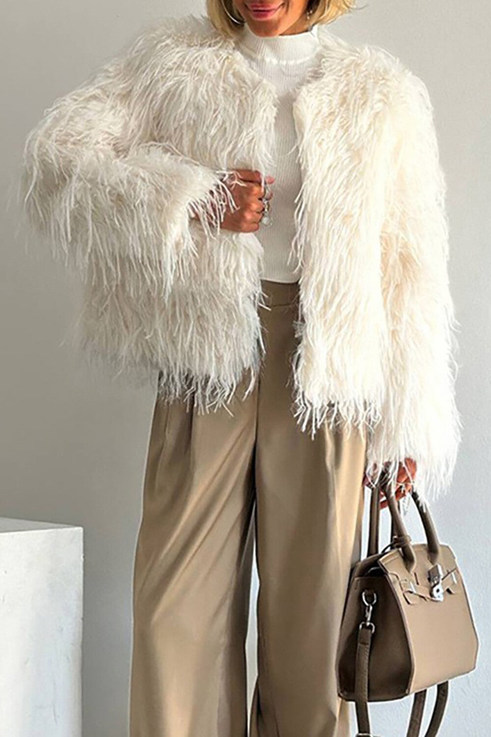 Faux Fur Round Neck Long Sleeve Solid Color Jacket-Grey