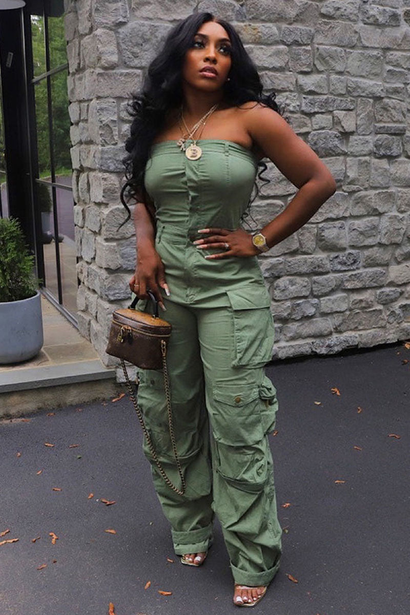 Strapless Button Multi Pocket Straight Leg Cargo Jumpsuit