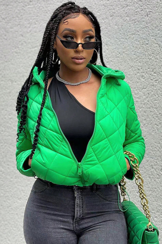 Plaid Solid Color Long Sleeve Hooded Padded Coat-Green