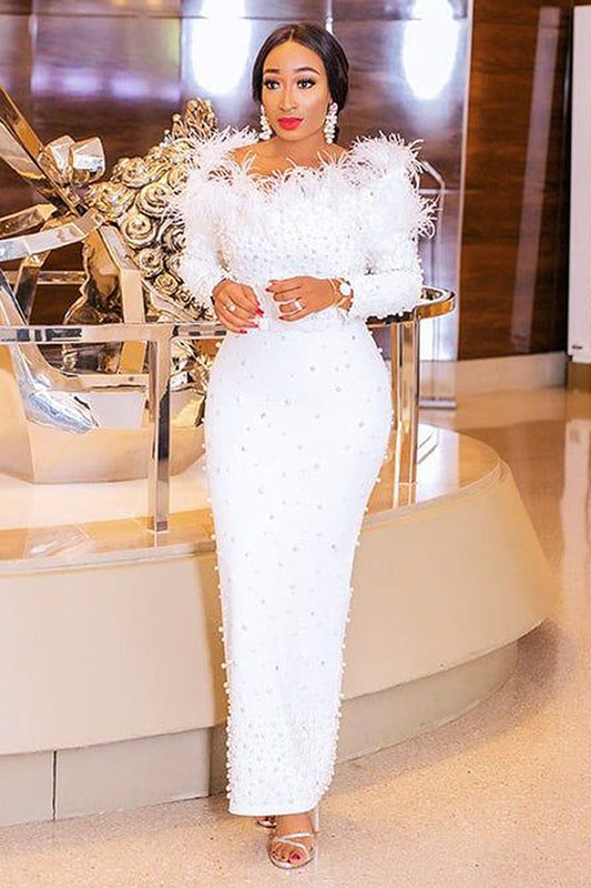 Off Shoulder Feather Pearl Bodycon Maxi Dresses