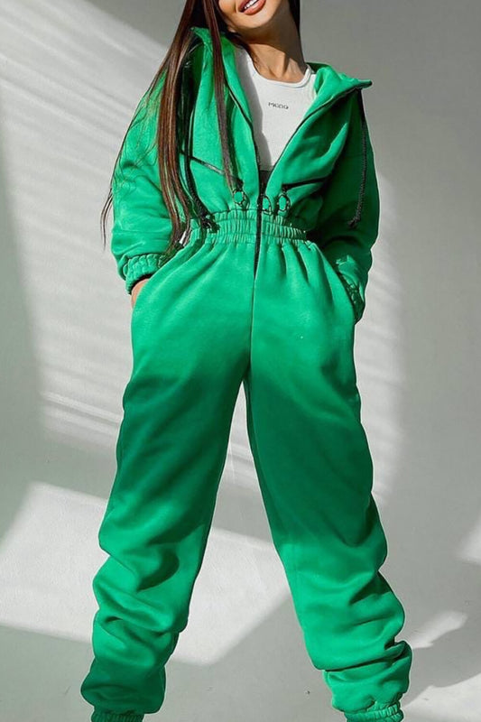 Zip-Up Cinch Waist Long Sleeve Hooded Solid Color Casual Jumpsuit-Green