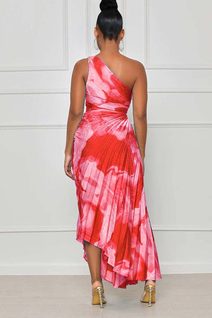 One Shoulder Sleeveless Print Cut Out Pleated Hem Maxi Dress