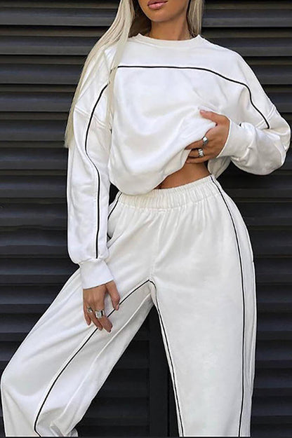 Contrast Piping Long Sleeve Sweatshirt Casual Jogger Pants 2pcs Set-Black