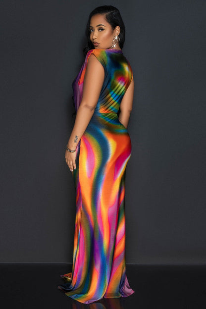 Multicolor Print Deep V Neck Sleeveless Bodycon Streamer Maxi Dresses-Orange