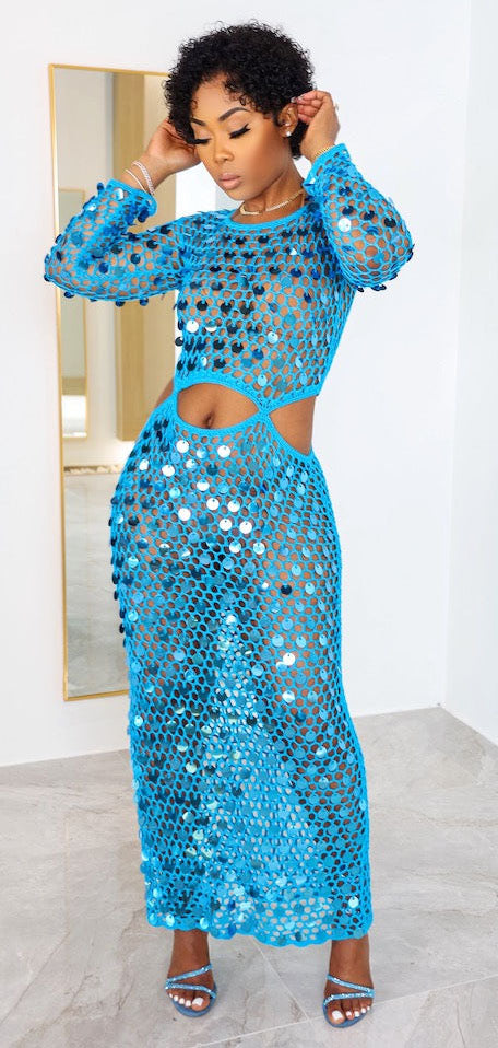 Crochet Sequins Cover Up Long Sleeve Cut Out Maxi Dresses