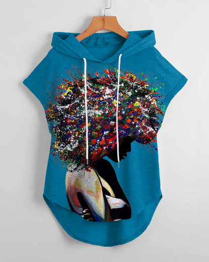 Color Oil Painting Afro Girl High Low Hem Drawstring Hooded Tee