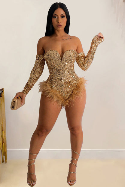 Sequin Off Shoulder V Neck Feather Trim Party Bodysuit