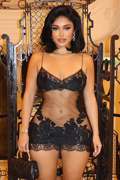 Floral Lace Mesh Patchwork See Through Slim Fit Slip Mini Dresses-Black