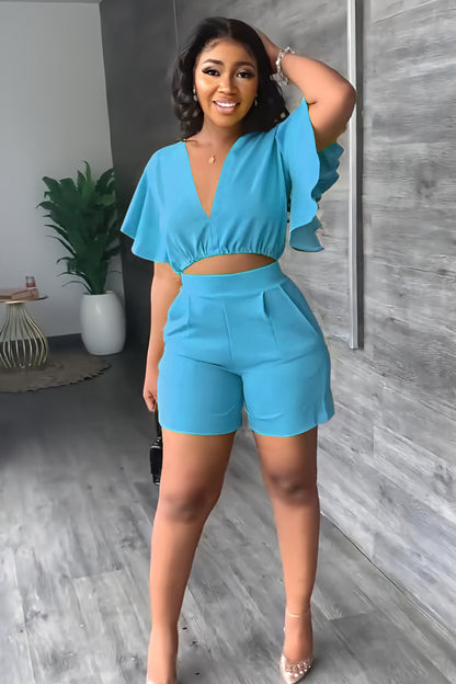 V Neck Ruffled Casual Two Piece Shorts Set