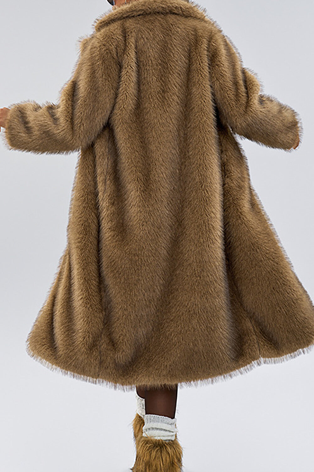 Faux Fur Turndown Collar Long Sleeve Fuzzy Overcoat-Camel