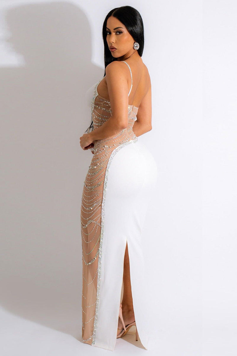 Pearls Rhinestone See-Through One Shoulder Mesh Cami Slit Party Maxi Dress