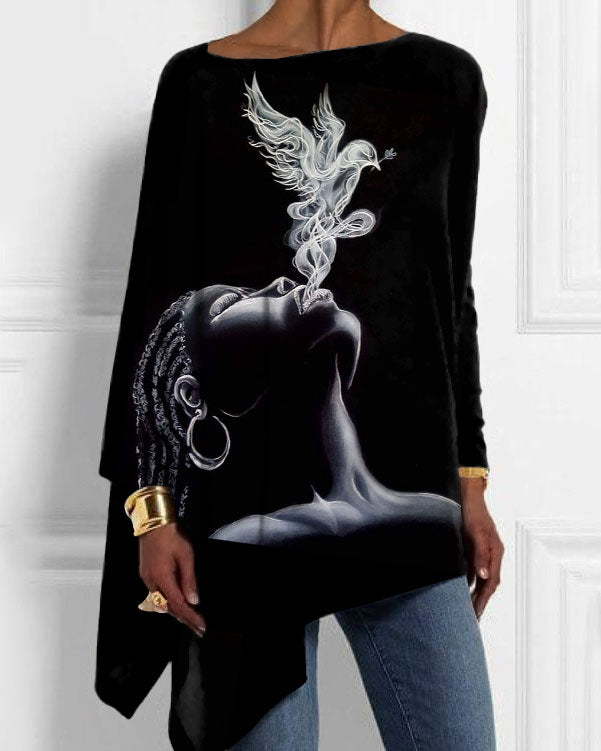 Women's Black Girl Smoke Bird Print Irregular Top