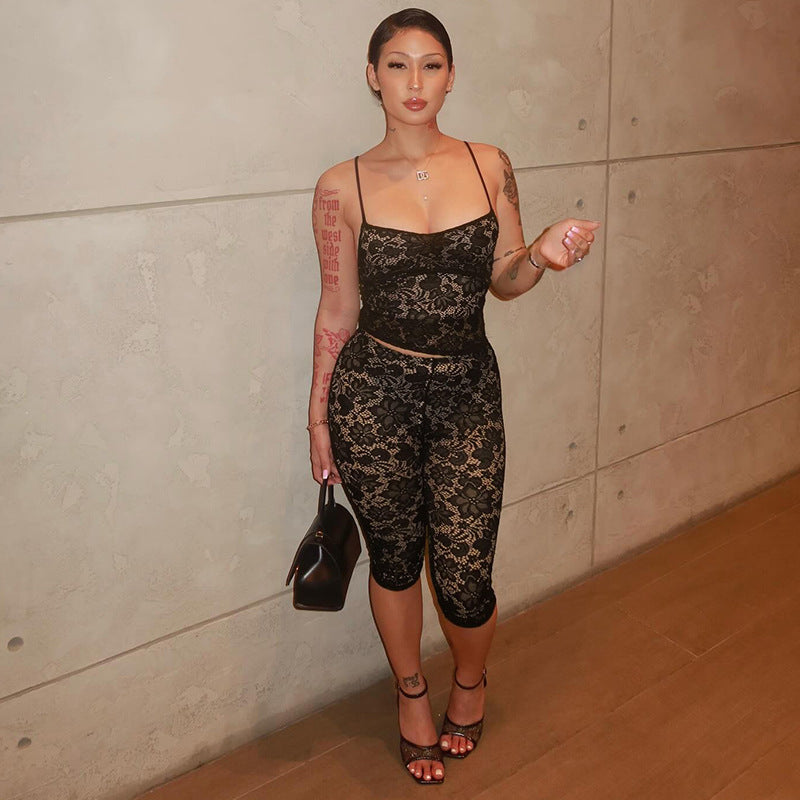 Sexy Lace See-through Suspender Top Hip Lifting Casual Pants Two-Piece Set