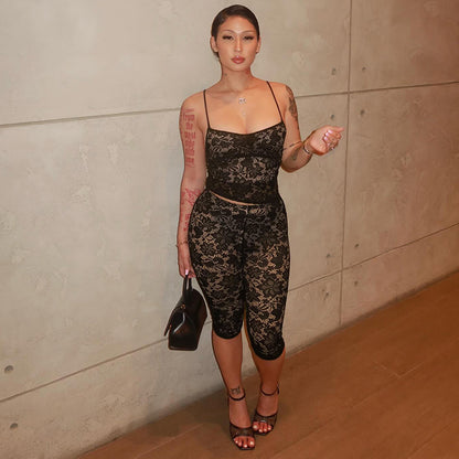 Sexy Lace See-through Suspender Top Hip Lifting Casual Pants Two-Piece Set