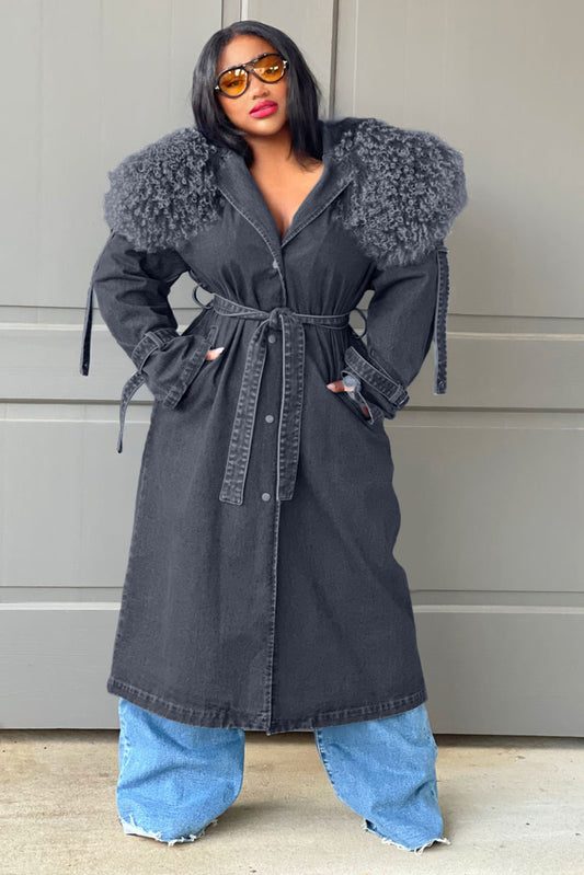 Fluffy Collar Button Tie Waist Denim Trench Coat