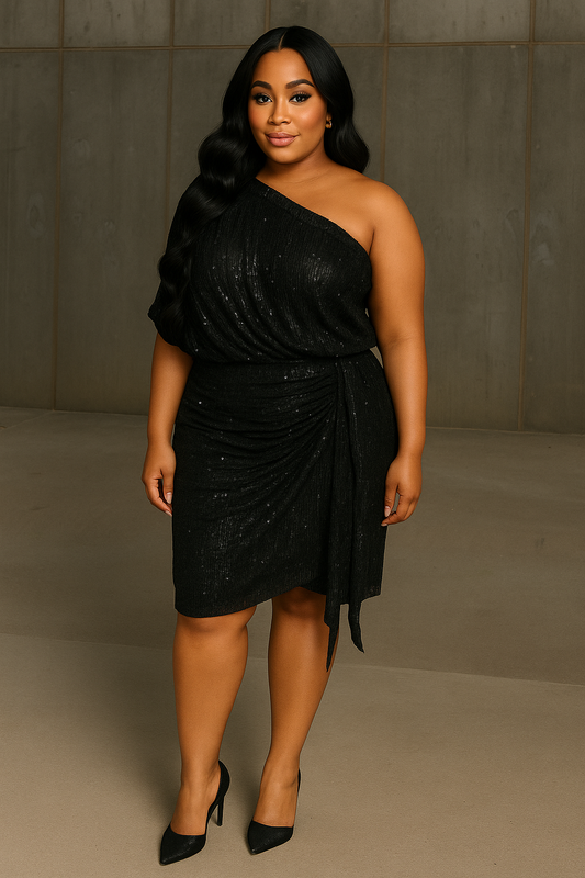 Inlaid Shiny Glitter One Shoulder Pleated Dress