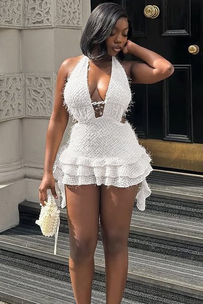 Fluffy Knit Deep V Neck Tiered Ruffled Hem Halter Mini Dresses-White