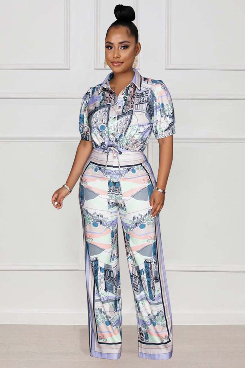 Pattern Print Short Sleeve Blouse High Waist Straight Leg Pants Jumpsuits