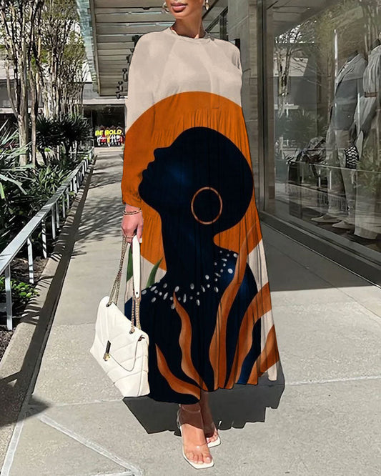 Full Moon Black Woman Illustration Long Sleeve Casual Dress