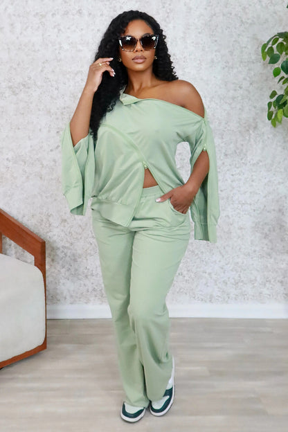 Zips Patchwork Sweatshirt Solid Color Pants 2pcs Set-Green