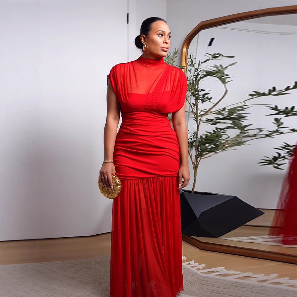 Half Turtleneck Mesh Stitching Long Dress