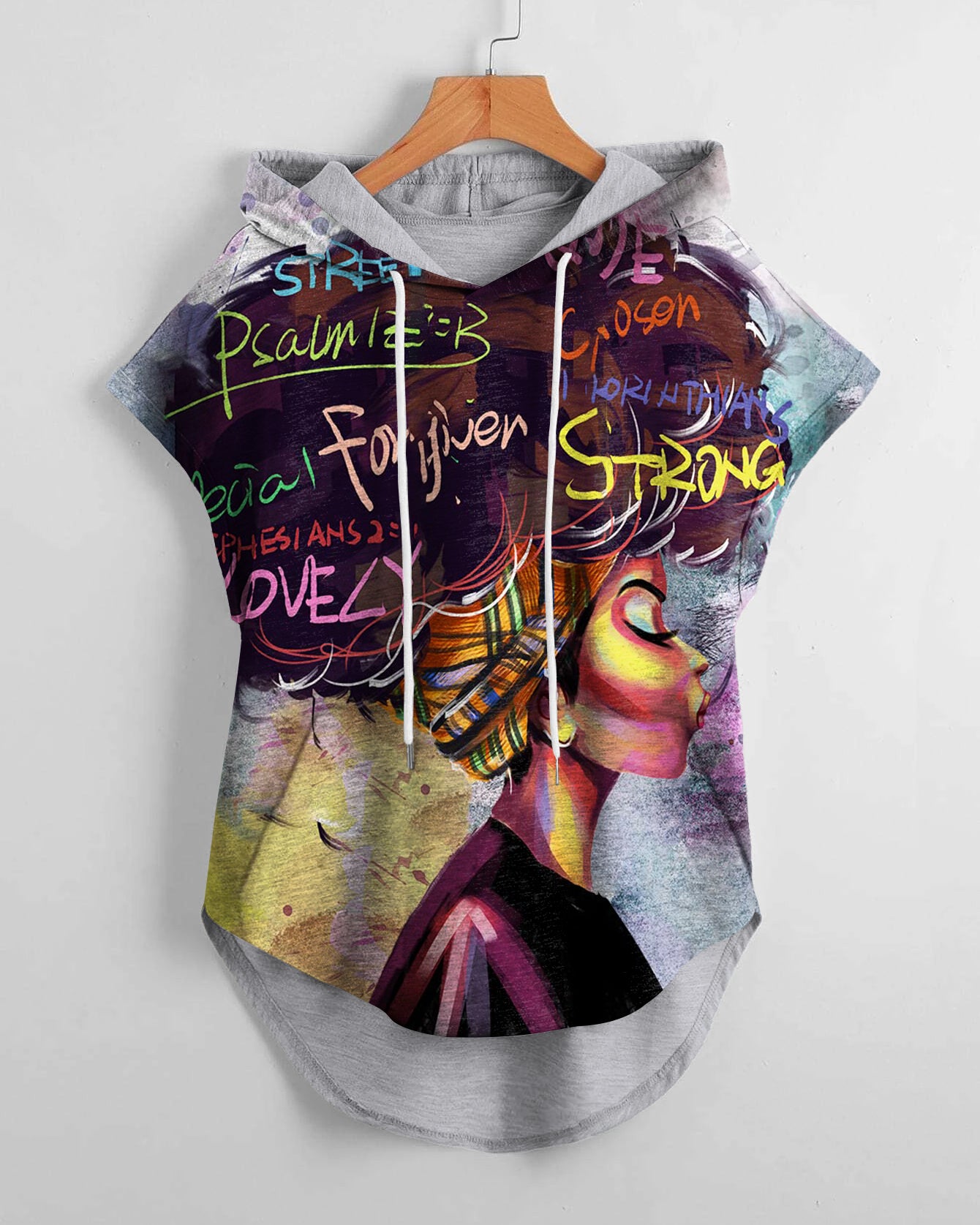 Graffiti Afro Girl Hem Drawstring Hooded Tee