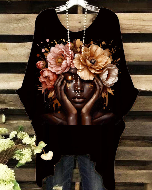 Artistic Black Girl With Hand-On-Cheek Printed Blouses