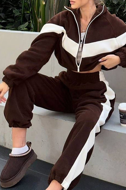 Colorblock Long Sleeve Track Jacket Casual Pants Matching Set-Brown