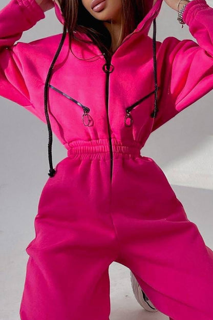 Zip-Up Cinch Waist Long Sleeve Hooded Solid Color Casual Jumpsuit-Green