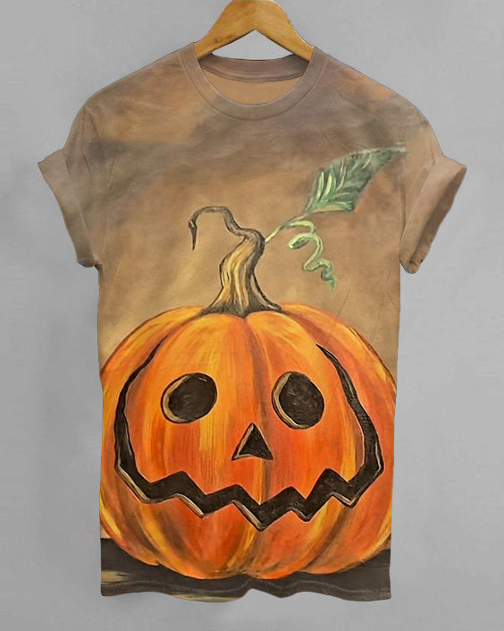 Halloween Pumpkin Face Cartoon Print Crew Neck Short Sleeve Shirt