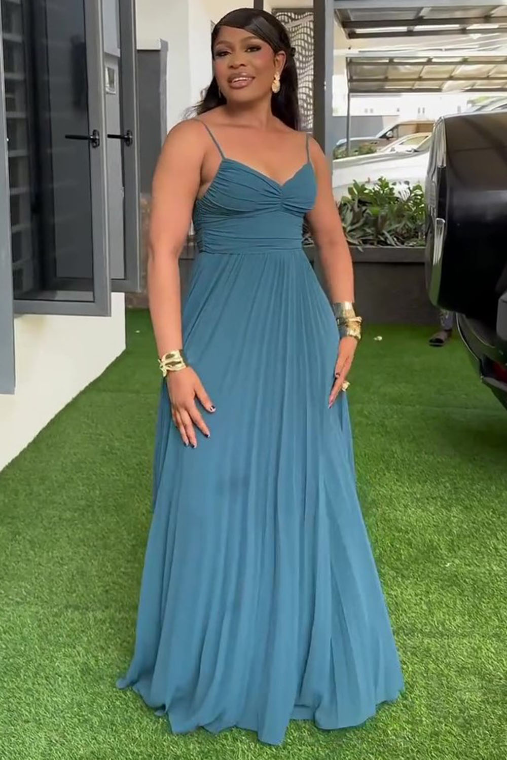 Wrinkle Low Back Cinch Waist Solid Party Slip Maxi Dresses-Teal [Pre Order]