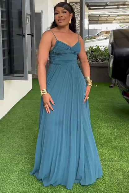 Wrinkle Low Back Cinch Waist Solid Party Slip Maxi Dresses-Teal [Pre Order]