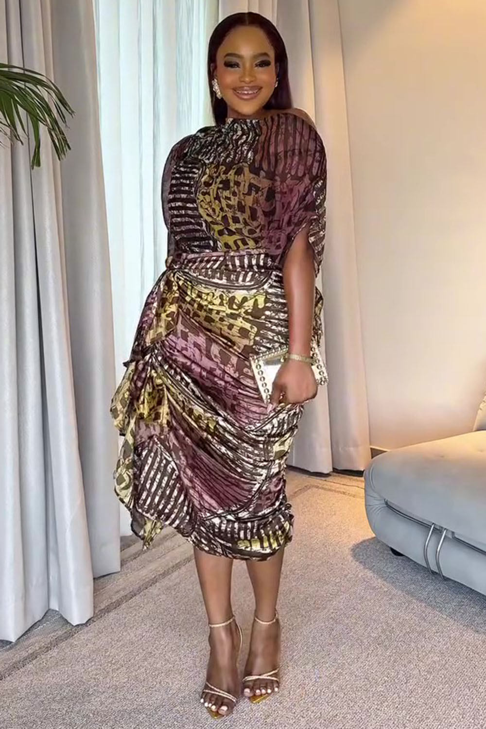 Allover Print Boat Neck Ruched Sleeve Overlap Midi Dresses-Brown [Pre Order]