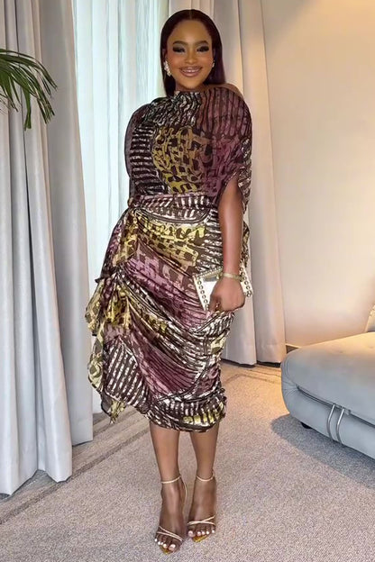 Allover Print Boat Neck Ruched Sleeve Overlap Midi Dresses-Brown [Pre Order]