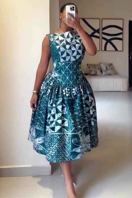 Boat Neck Sleeveless Boho Print Basque Waist Midi Dresses-Teal [Pre Order]