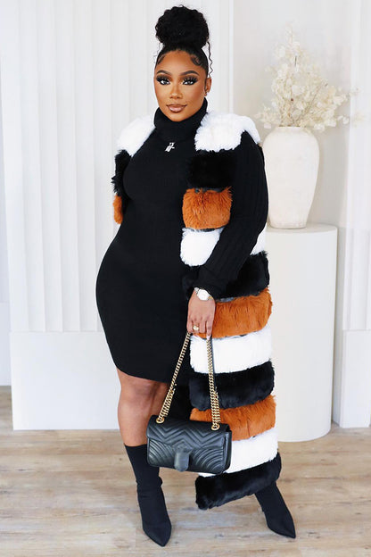 Sleeveless Colorblock Faux Fur Long Coat Outerwear-Black