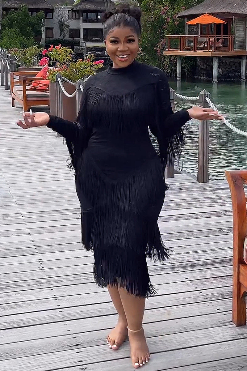 Asymmetric Fringed Mock Neck Long Sleeve Bodycon Midi Dresses