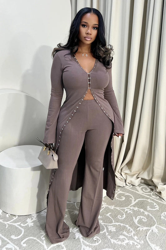 V Neck Button Up Long Sleeve Top High Waist Pants Set-RosyBrown [Pre Order]