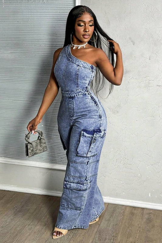 Oversize Pockets Wide Leg Denim One Shoulder Cargo Jumpsuit-Blue