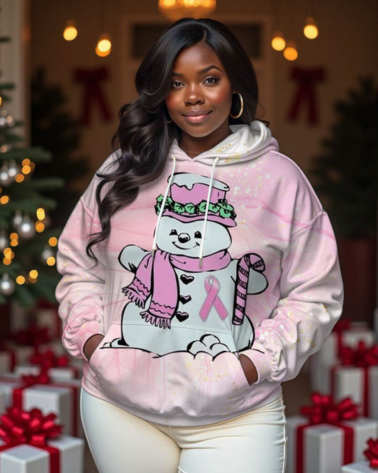 Women Snowman Breast Cancer Awareness Print Long-sleeved Hoodie