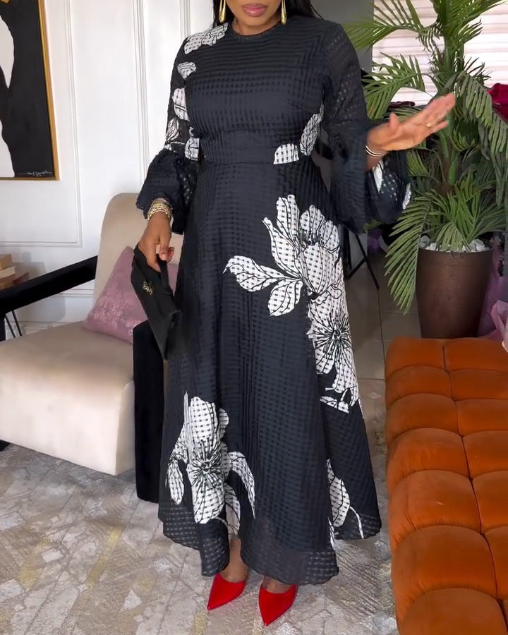 Formal Floral Crew Neck Long Sleeve Maxi Dress
