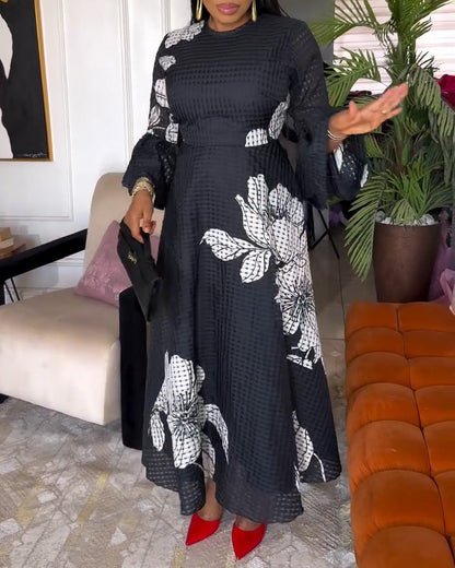 Formal Floral Crew Neck Long Sleeve Maxi Dress