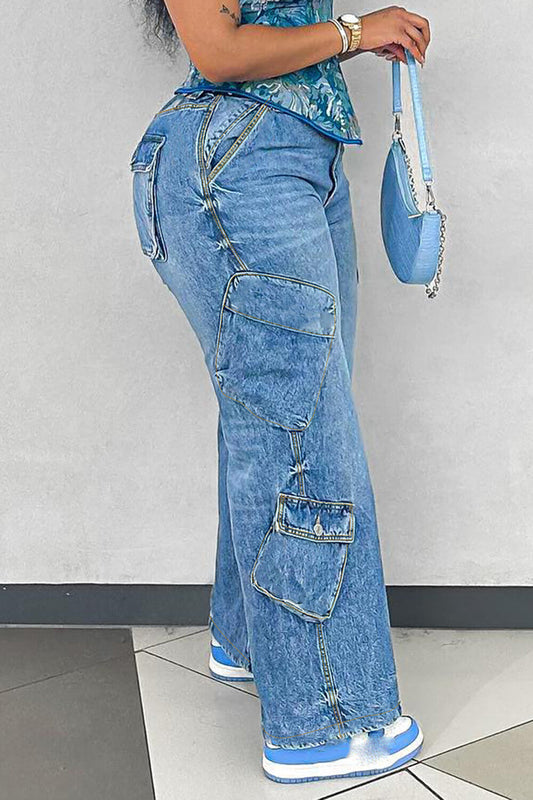 Oversize Pockets Denim High Waist Straight Leg Casual Jeans-Blue