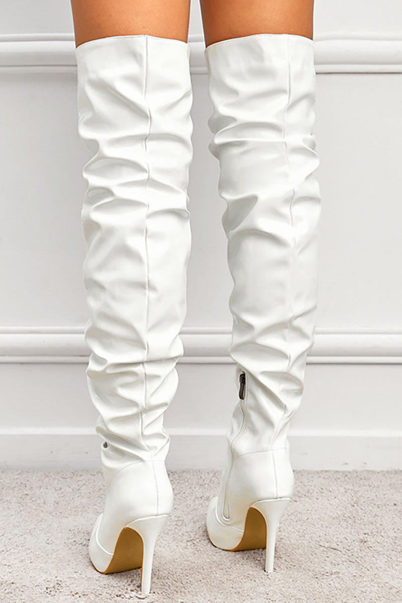 PU Leather Pointy Toe Ruched Thigh-High Boots-Black