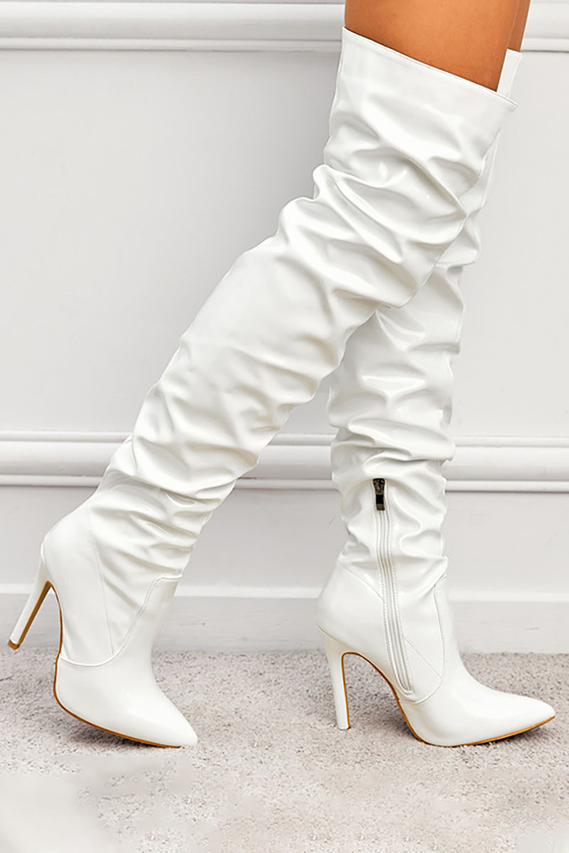 PU Leather Pointy Toe Ruched Thigh-High Boots-Black