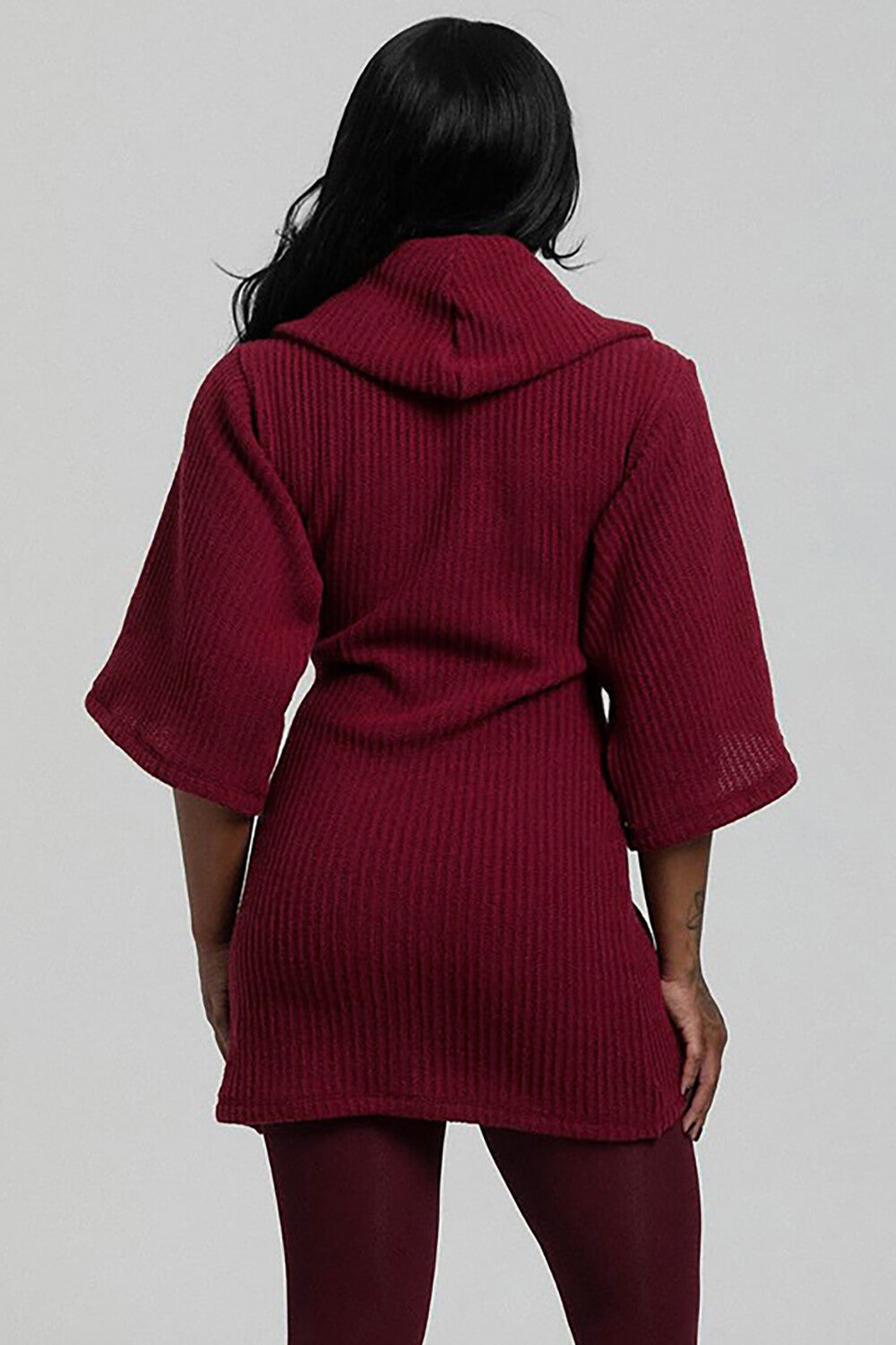 Cowl Neckline Half Sleeve Knit Bodycon Solid Color Sweater Mini Dresses-Gray