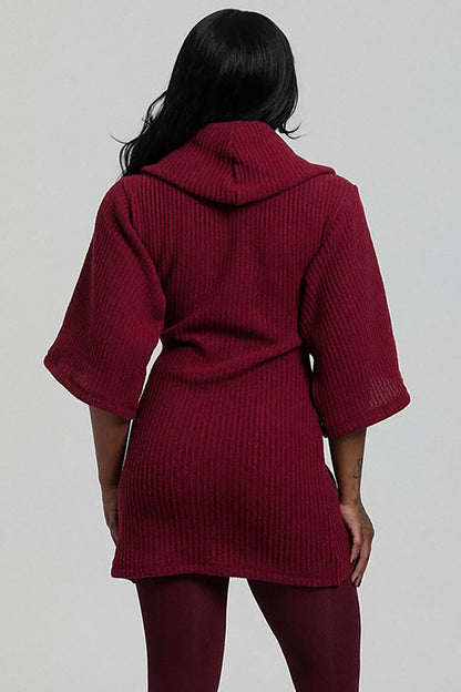 Cowl Neckline Half Sleeve Knit Bodycon Solid Color Sweater Mini Dresses-Gray